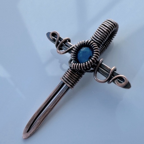 Copper Wire Wrap Cross Necklace With Blue Agate Gemstone - Picture 1 of 14